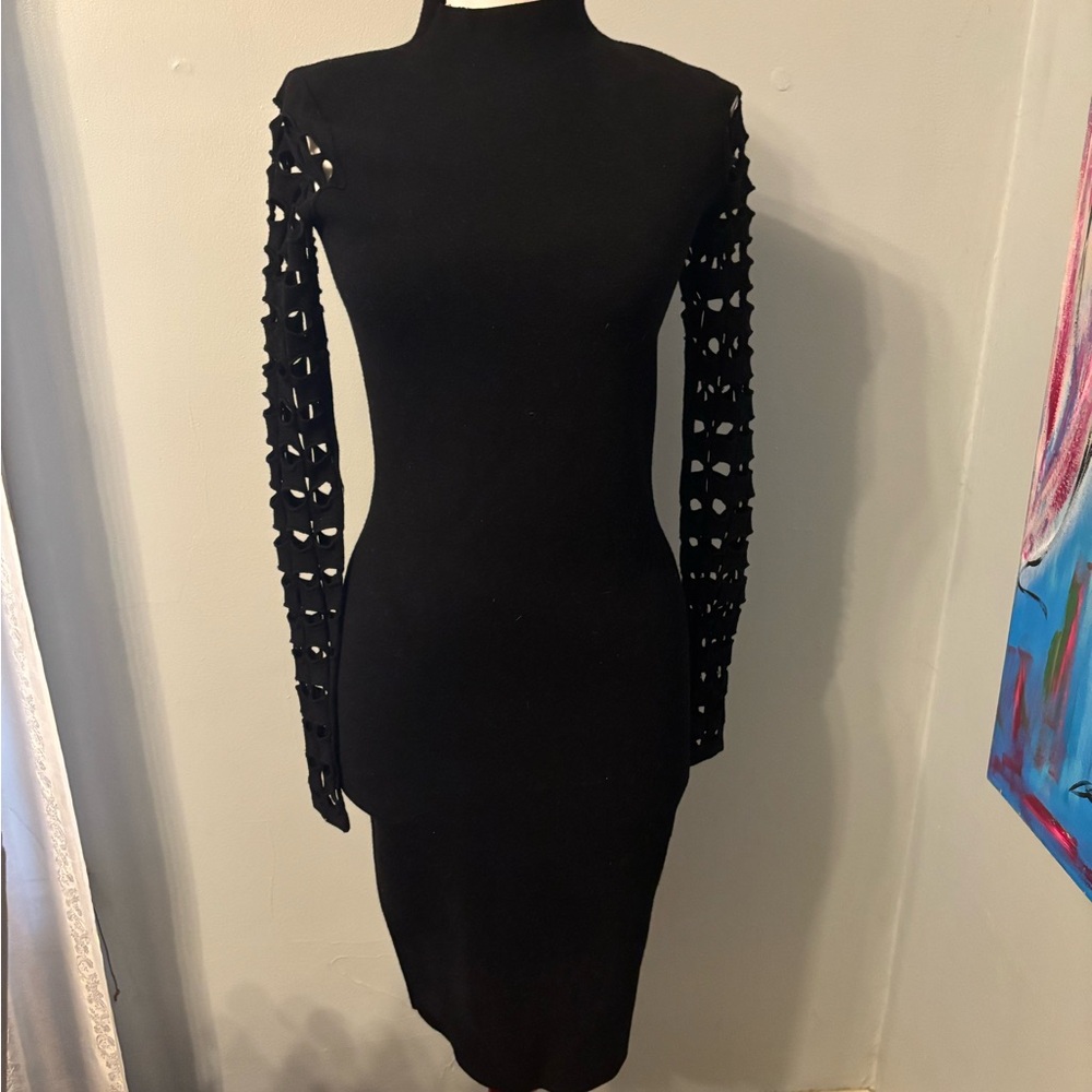 MILLY womens S mock neck mini dress fitted cut out sleeves black knit